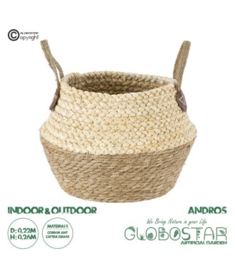 GloboStar® Artificial Garden ANDROS 20316 Διακοσμητικό Πλεκτό Καλάθι - Κασπώ Γλάστρα - Flower Pot Καφέ με Μπεζ Φ22cm x Υ26cm